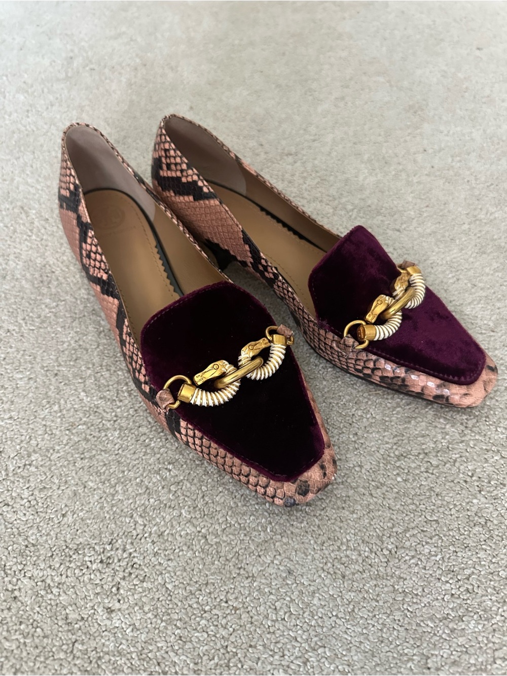 Tory Burch Women's Velvet and Snake-Print Loafers in Burgundy and Pink - Picture 3 of 12
